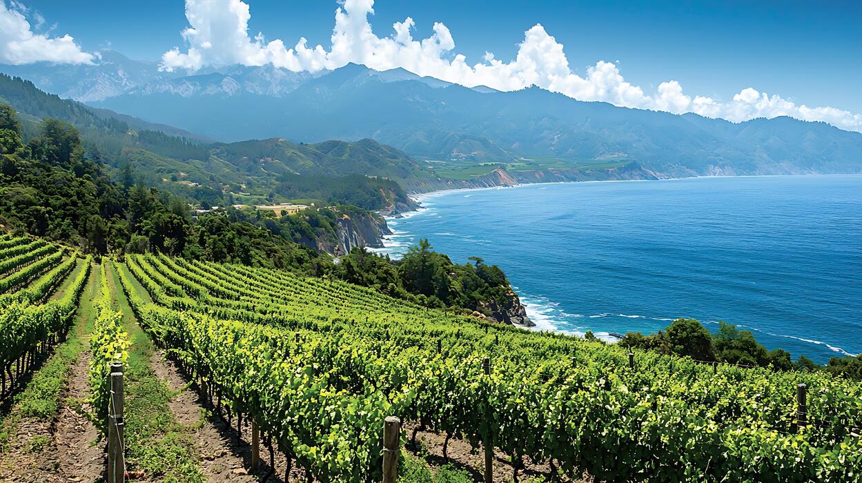 A row of grapevines in a sunny coastal wine valley.